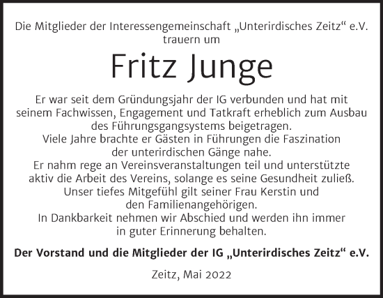Traueranzeige von Fritz Junge von Trauerkombi Zeitz