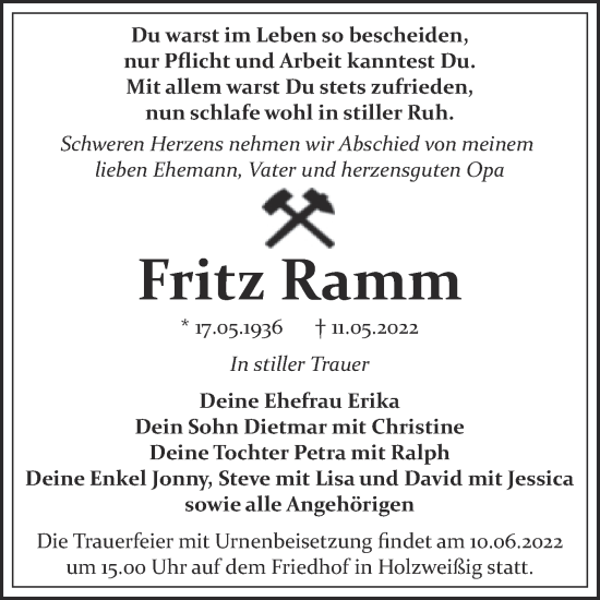 Traueranzeige von Fritz Ramm von Trauerkombi Bitterfeld