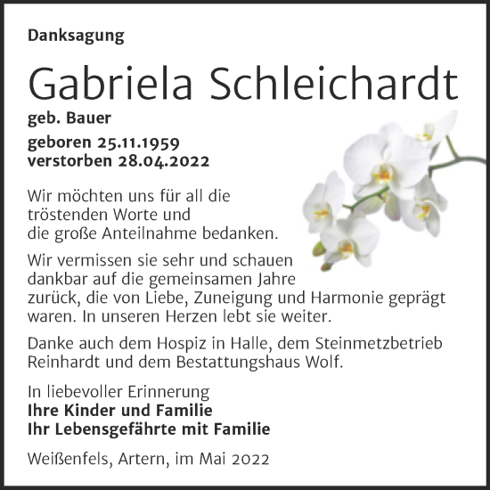 Traueranzeige von Gabriela Schleichardt von Trauerkombi Weißenfels