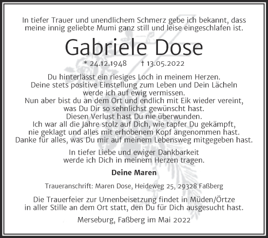 Traueranzeige von Gabriele Dose von Trauerkombi Merseburg