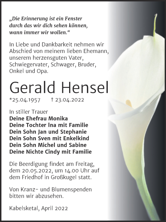 Traueranzeige von Gerald Hensel von Mitteldeutsche Zeitung Halle/Saalkreis