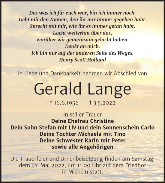 Traueranzeige von Gerald Lange von Trauerkombi Köthen