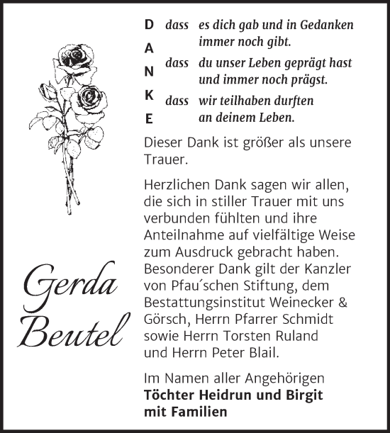 Traueranzeige von Gerda Beutel von Trauerkombi Bernburg