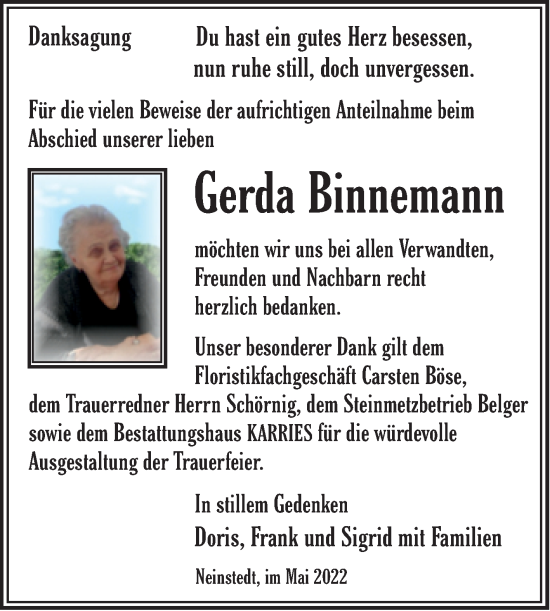 Traueranzeige von Gerda Binnemann von Trauerkombi Quedlinburg
