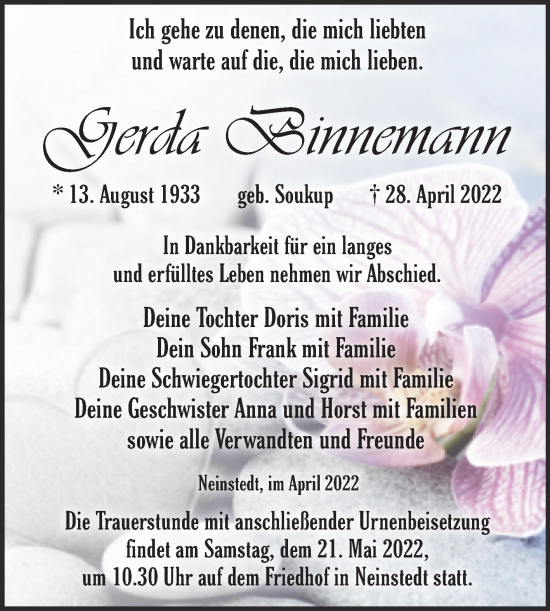 Traueranzeige von Gerda Binnemann von Trauerkombi Quedlinburg