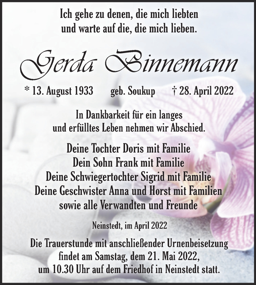 Traueranzeige für Gerda Binnemann vom 07.05.2022 aus Trauerkombi Quedlinburg