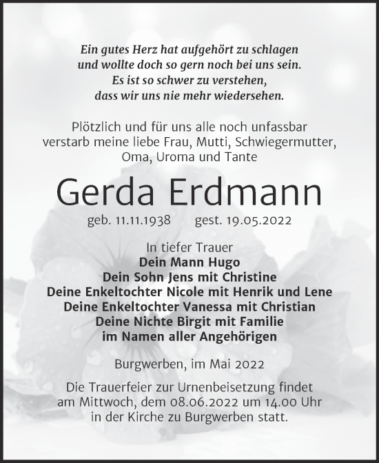 Traueranzeige von Gerda Erdmann von Trauerkombi Weißenfels