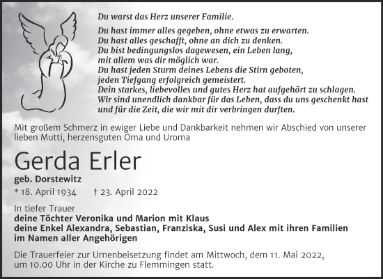 Traueranzeige von Gerda Erler von Wochenspiegel Naumburg/Nebra