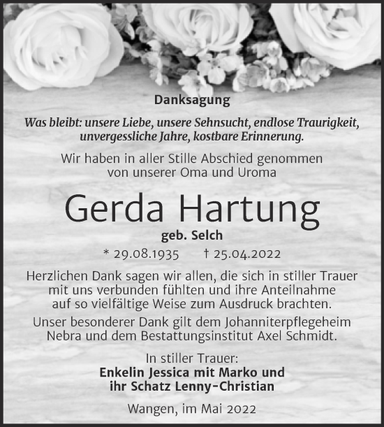 Traueranzeige von Gerda Hartung von Wochenspiegel Naumburg/Nebra