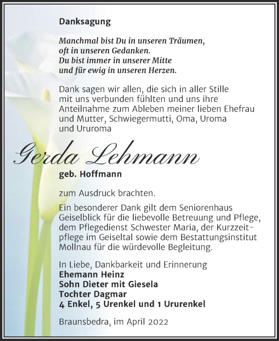 Traueranzeige von Gerda Lehmann von Trauerkombi Merseburg