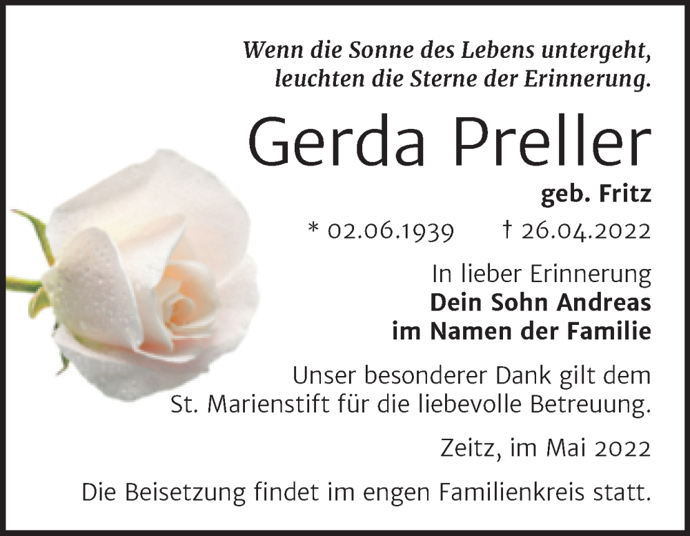  Traueranzeige für Gerda Preller vom 07.05.2022 aus Trauerkombi Zeitz