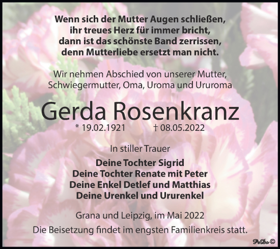 Traueranzeige von Gerda Rosenkranz von Trauerkombi Zeitz