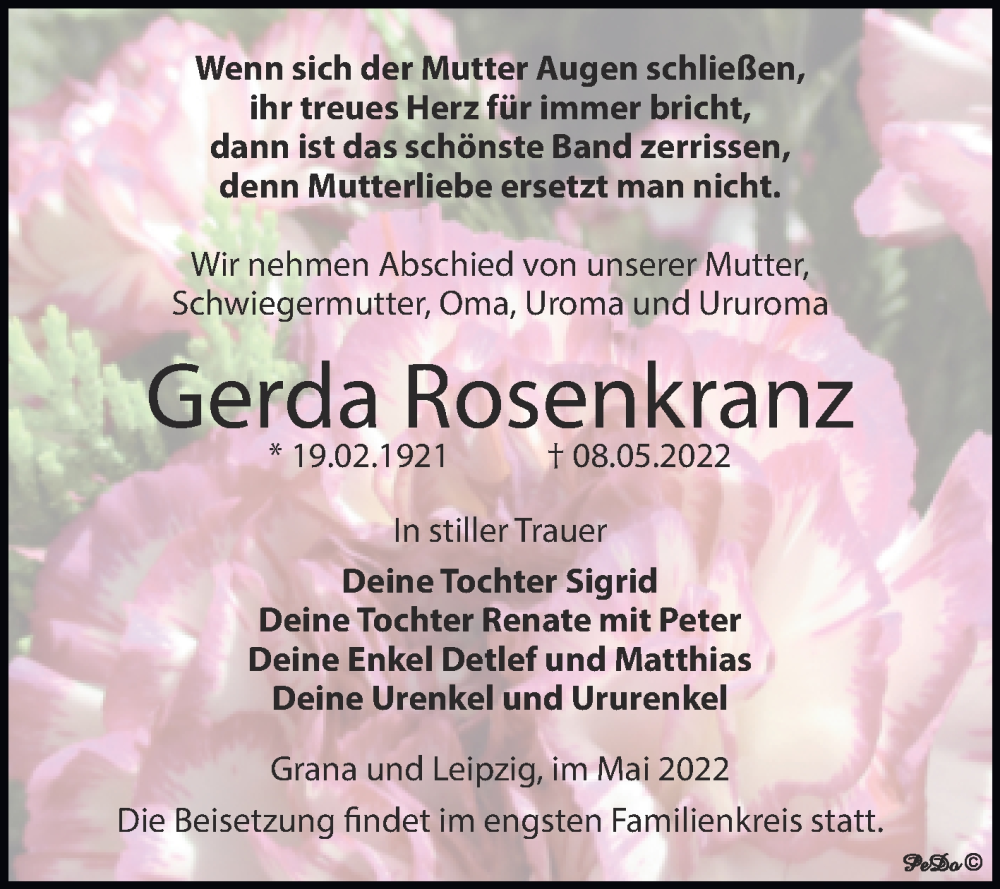  Traueranzeige für Gerda Rosenkranz vom 14.05.2022 aus Trauerkombi Zeitz