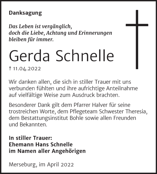 Traueranzeige von Gerda Schnelle von Trauerkombi Merseburg