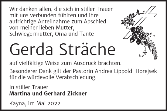 Traueranzeige von Gerda Sträche von Trauerkombi Zeitz