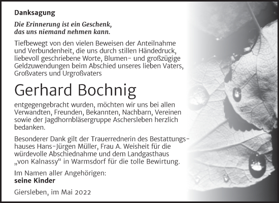 Traueranzeige von Gerhard Bochnig von Trauerkombi Aschersleben