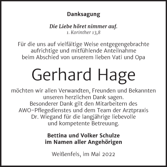 Traueranzeige von Gerhard Hage von Trauerkombi Weißenfels