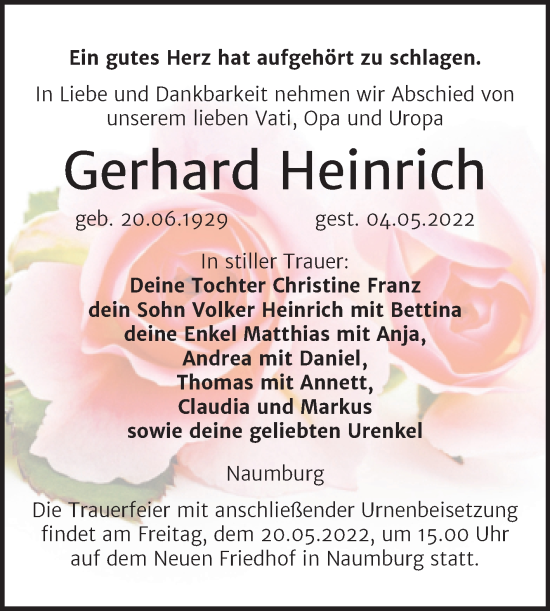 Traueranzeige von Gerhard Heinrich von Wochenspiegel Naumburg/Nebra