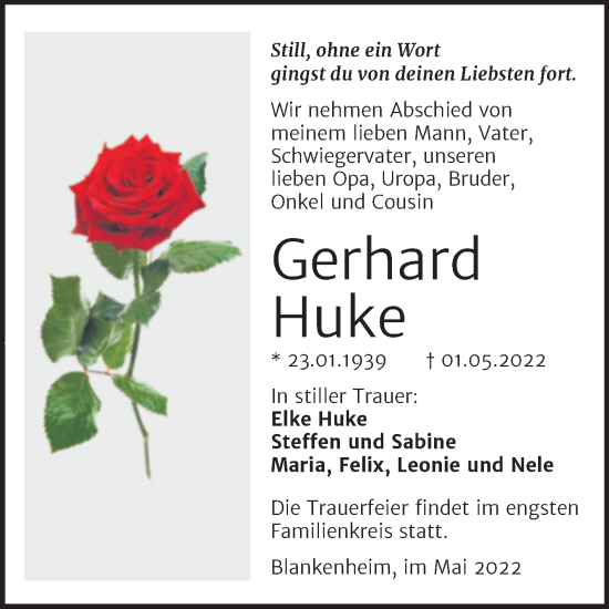 Traueranzeige von Gerhard Huke von Trauerkombi Sangerhausen