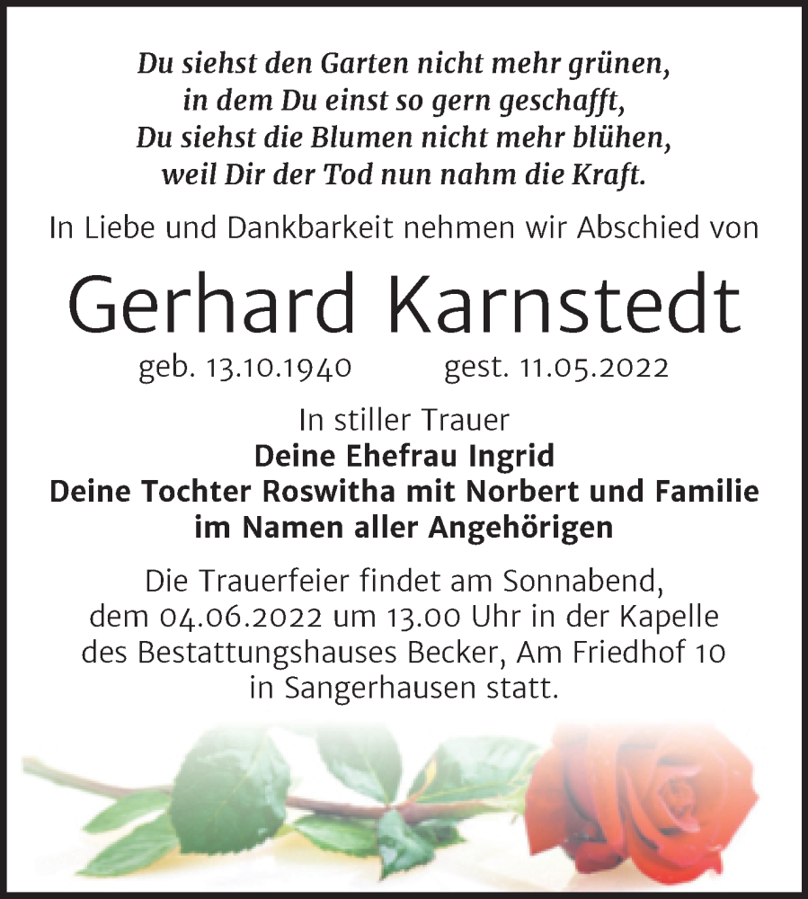 Traueranzeige für Gerhard Karnstedt vom 17.05.2022 aus Trauerkombi Sangerhausen