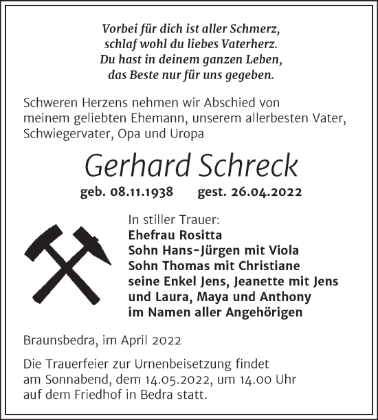 Traueranzeige von Gerhard Schreck von Trauerkombi Merseburg