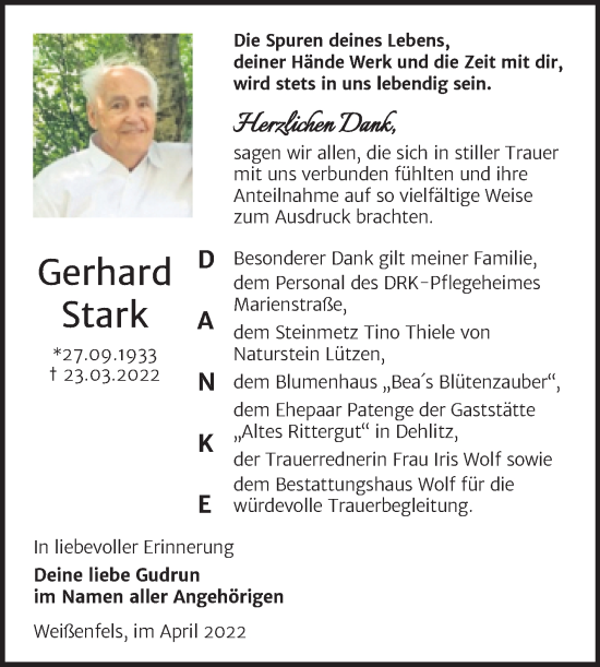 Traueranzeige von Gerhard Stark von Trauerkombi Weißenfels