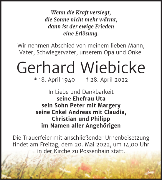 Traueranzeige von Gerhard Wiebicke von Wochenspiegel Naumburg/Nebra