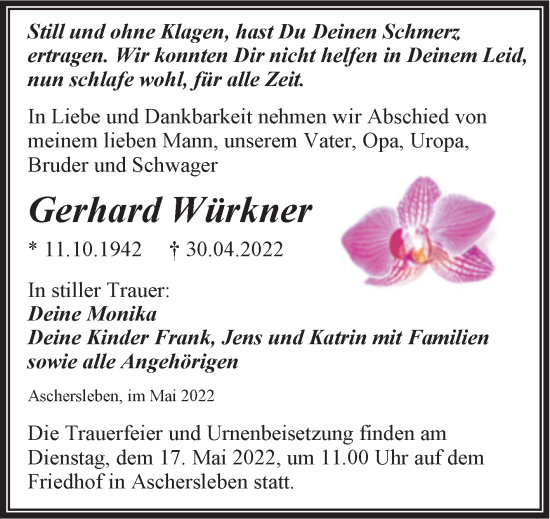 Traueranzeige von Gerhard Würkner von Trauerkombi Aschersleben