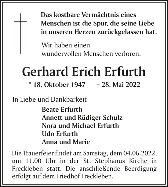 Traueranzeige von Gerhard Erich Erfurth von Trauerkombi Aschersleben