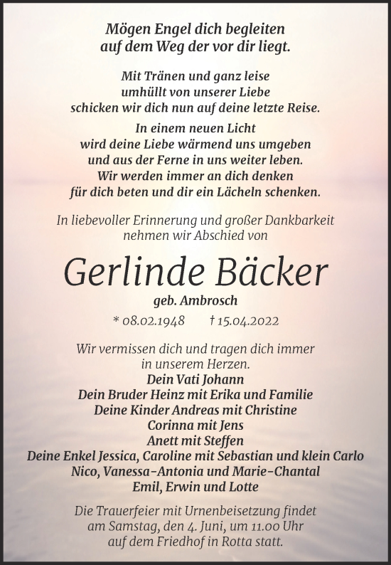 Traueranzeige von Gerlinde Bäcker von Trauerkombi Wittenberg
