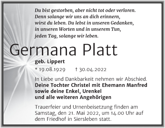 Traueranzeige von Germana Platt von Trauerkombi Mansfelder Land
