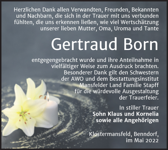 Traueranzeige von Gertraud Born von Trauerkombi Mansfelder Land
