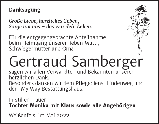 Traueranzeige von Gertraud Samberger von Trauerkombi Weißenfels