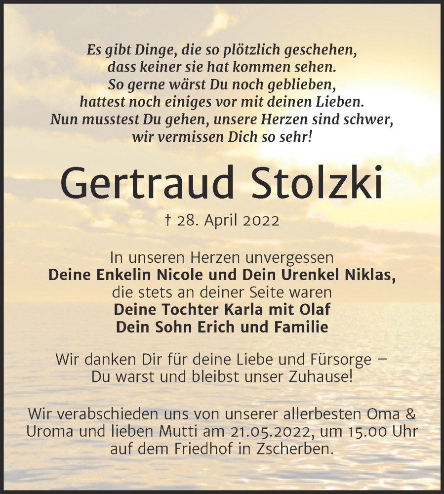 Traueranzeige für Gertraud Stolzki vom 14.05.2022 aus Super Sonntag Merseburg/Querfurt