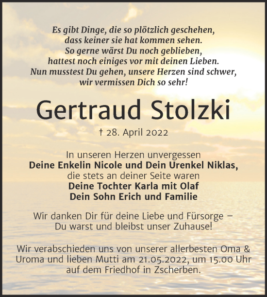 Traueranzeige von Gertraud Stolzki von Super Sonntag Merseburg/Querfurt