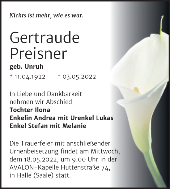 Traueranzeige von Gertraude Preisner von Mitteldeutsche Zeitung Halle/Saalkreis