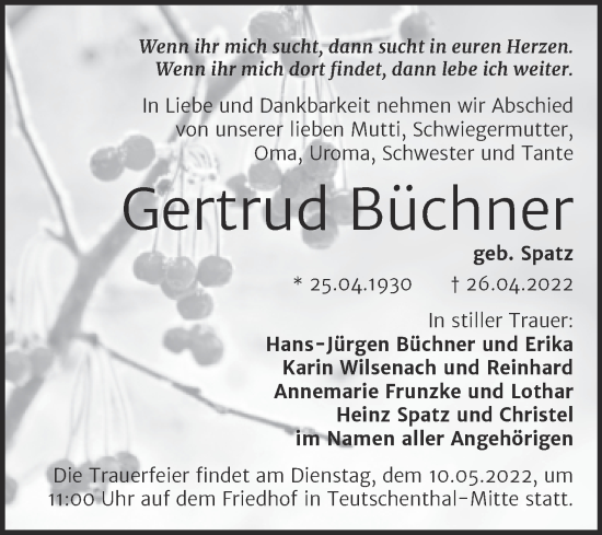 Traueranzeige von Gertrud Büchner von Mitteldeutsche Zeitung Halle/Saalkreis
