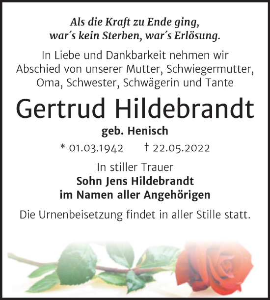 Traueranzeige von Gertrud Hildebrandt von Trauerkombi Bernburg