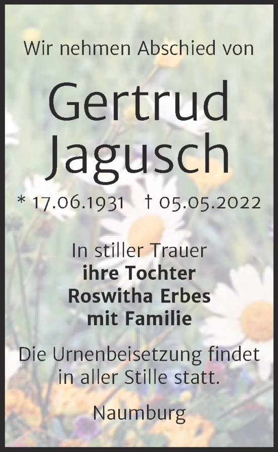 Traueranzeige von Gertrud Jagusch von Naumburger Tageblatt