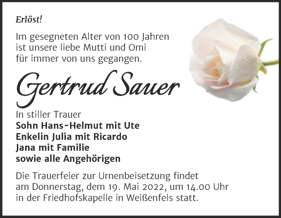 Traueranzeige von Gertrud Sauer von Trauerkombi Weißenfels