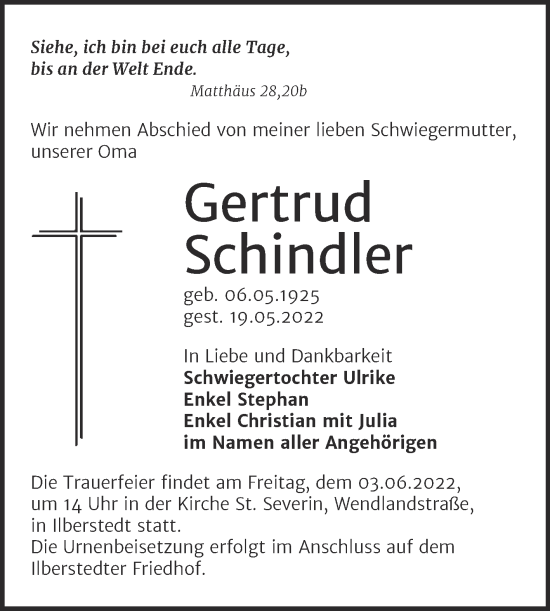 Traueranzeige von Gertrud Schindler von Trauerkombi Dessau