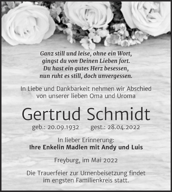 Traueranzeige von Gertrud Schmidt von Wochenspiegel Naumburg/Nebra