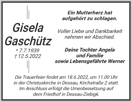 Traueranzeige von Gisela Gaschütz von Trauerkombi Dessau