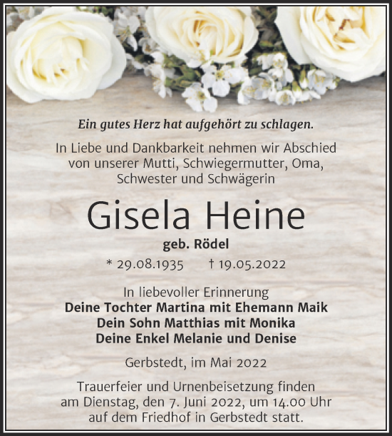 Traueranzeige von Gisela Heine von Trauerkombi Mansfelder Land