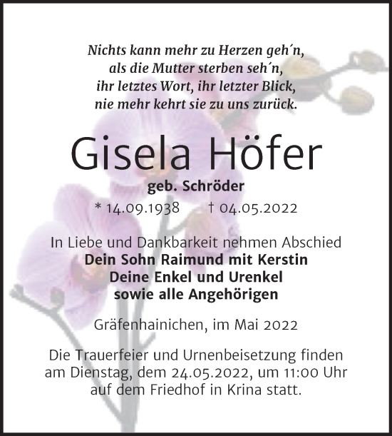 Traueranzeige von Gisela Höfer von Trauerkombi Bitterfeld