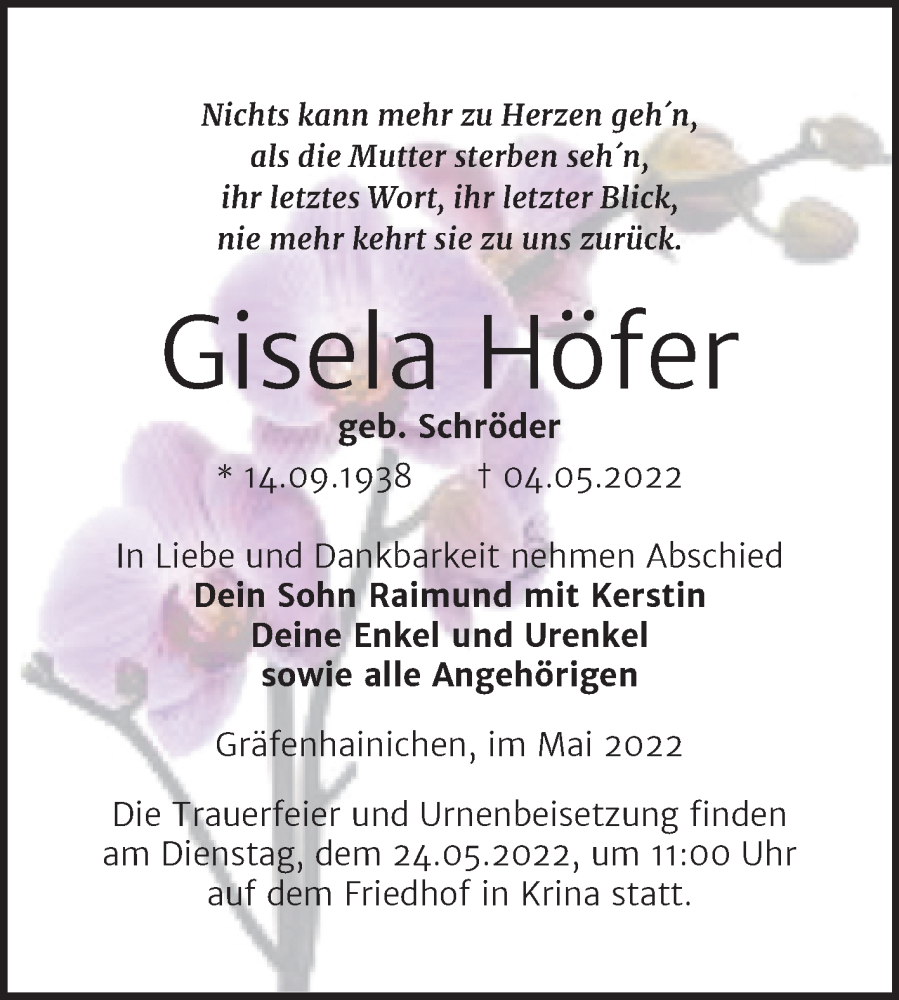  Traueranzeige für Gisela Höfer vom 14.05.2022 aus Trauerkombi Bitterfeld