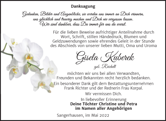 Traueranzeige von Gisela Kuberek von Trauerkombi Sangerhausen