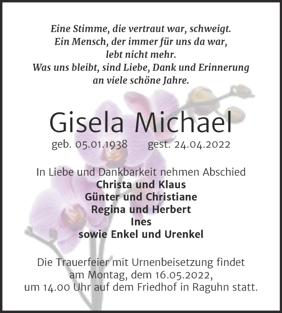 Traueranzeige von Gisela Michael von Trauerkombi Bitterfeld