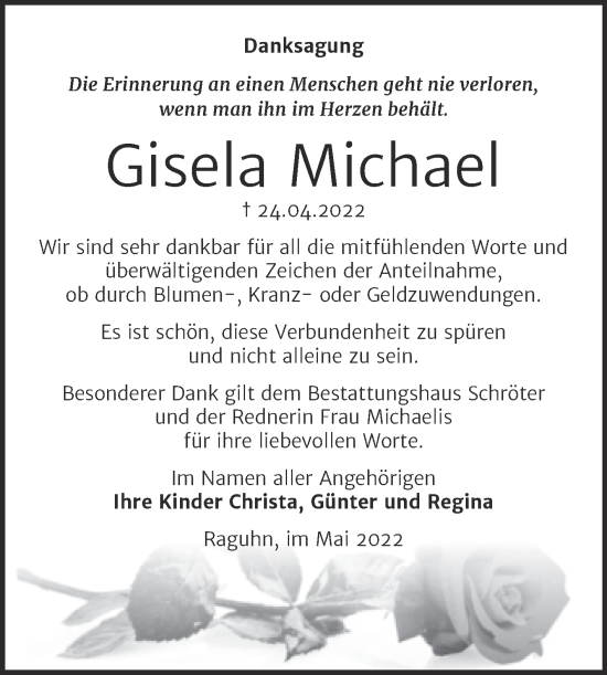 Traueranzeige von Gisela Michael von Trauerkombi Bitterfeld