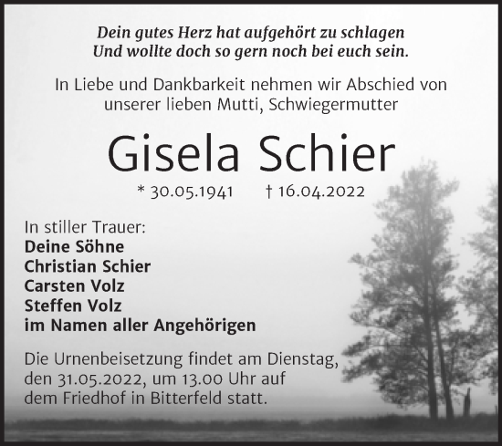 Traueranzeige von Gisela Schier von Trauerkombi Bitterfeld